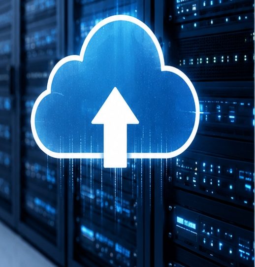 Server racks with a cloud upload icon
