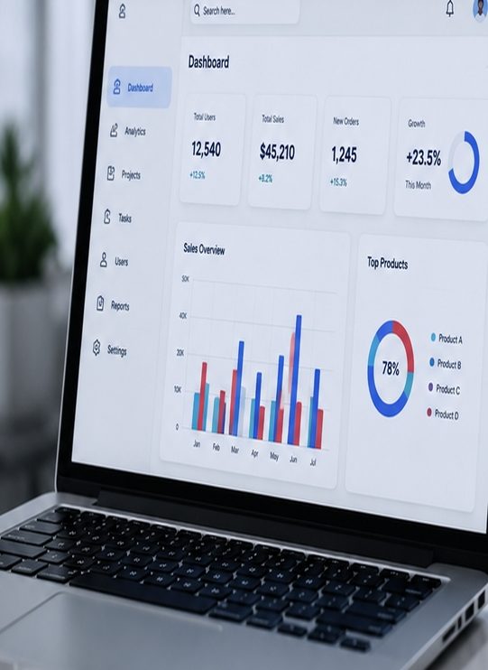 A business dashboard with charts on a laptop
