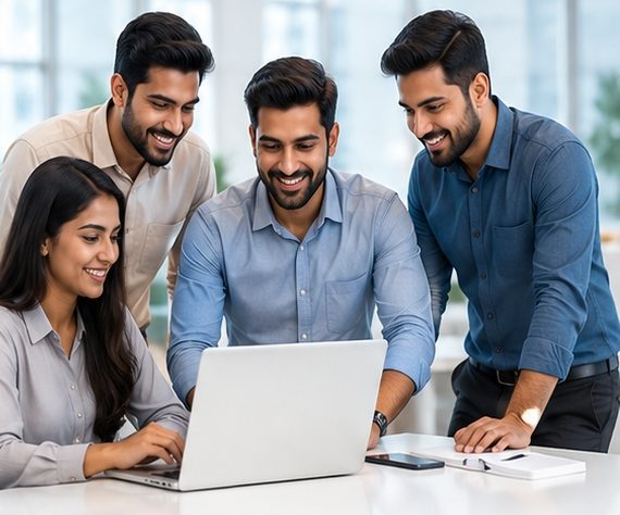 The Tek N Web team working together on a laptop