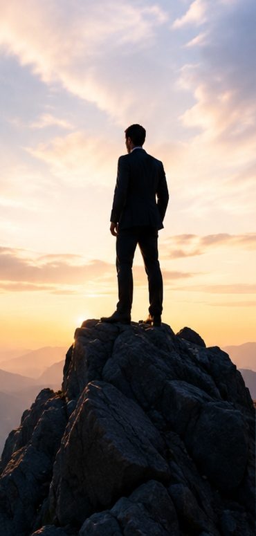 A person standing on a mountain peak at sunrise